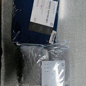 Queen Size Navy Duvet Cover Set and Grey Throw Blanket Bundle Set